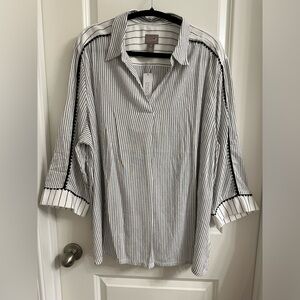 Chico’s Stripes Pom Pom Popover shirt top SZ 4 Front Button Down Color White